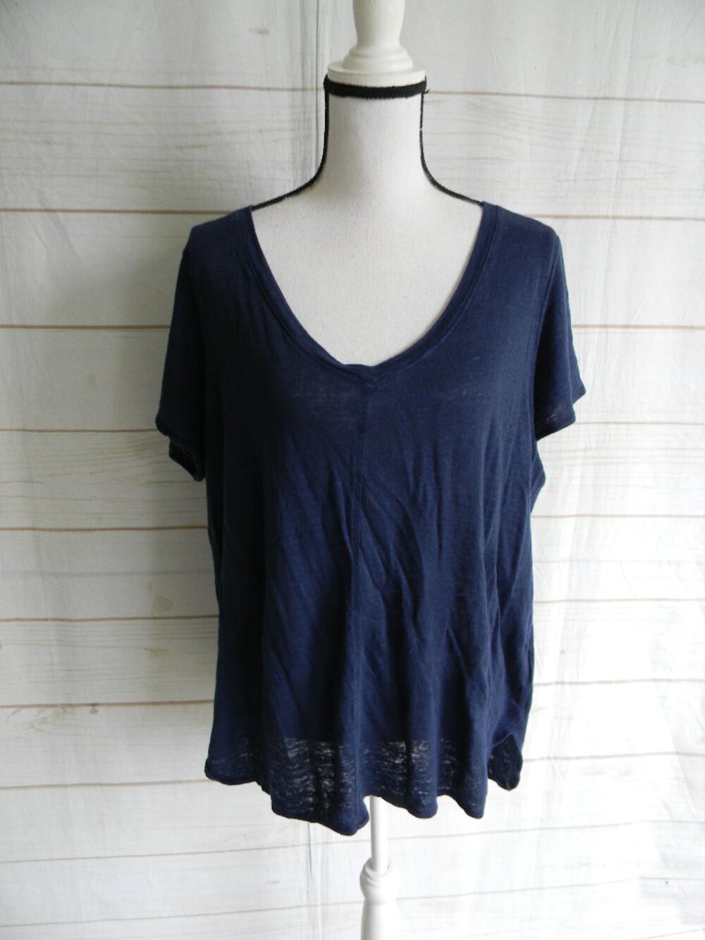 TAHARI NAVY BLUE 100% LINEN V-NECK SHORT SLV T-SHIRT TOP SZ 1X